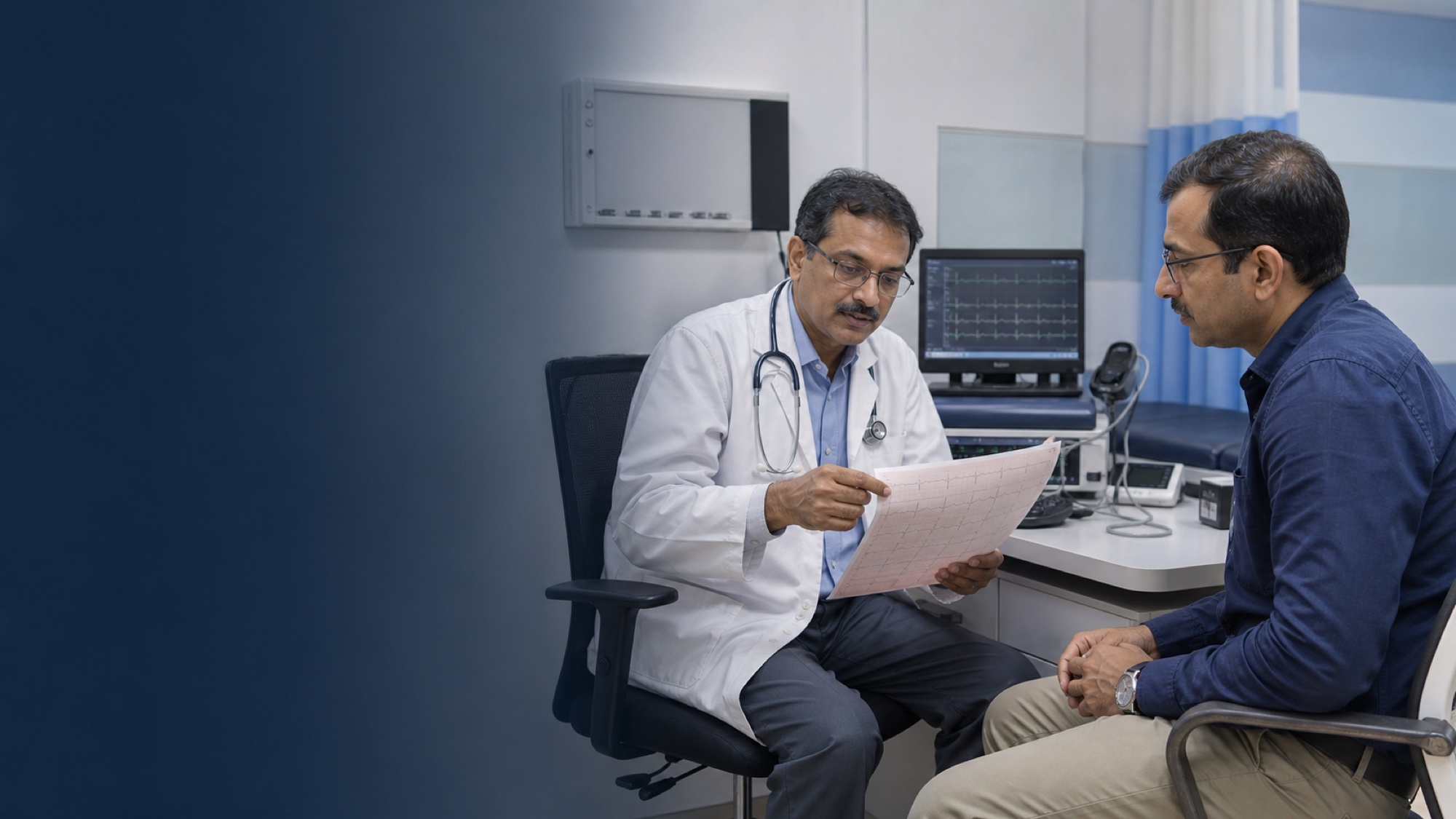 Cardiologist reviewing an ECG report with a patient at Mangala Hospital
