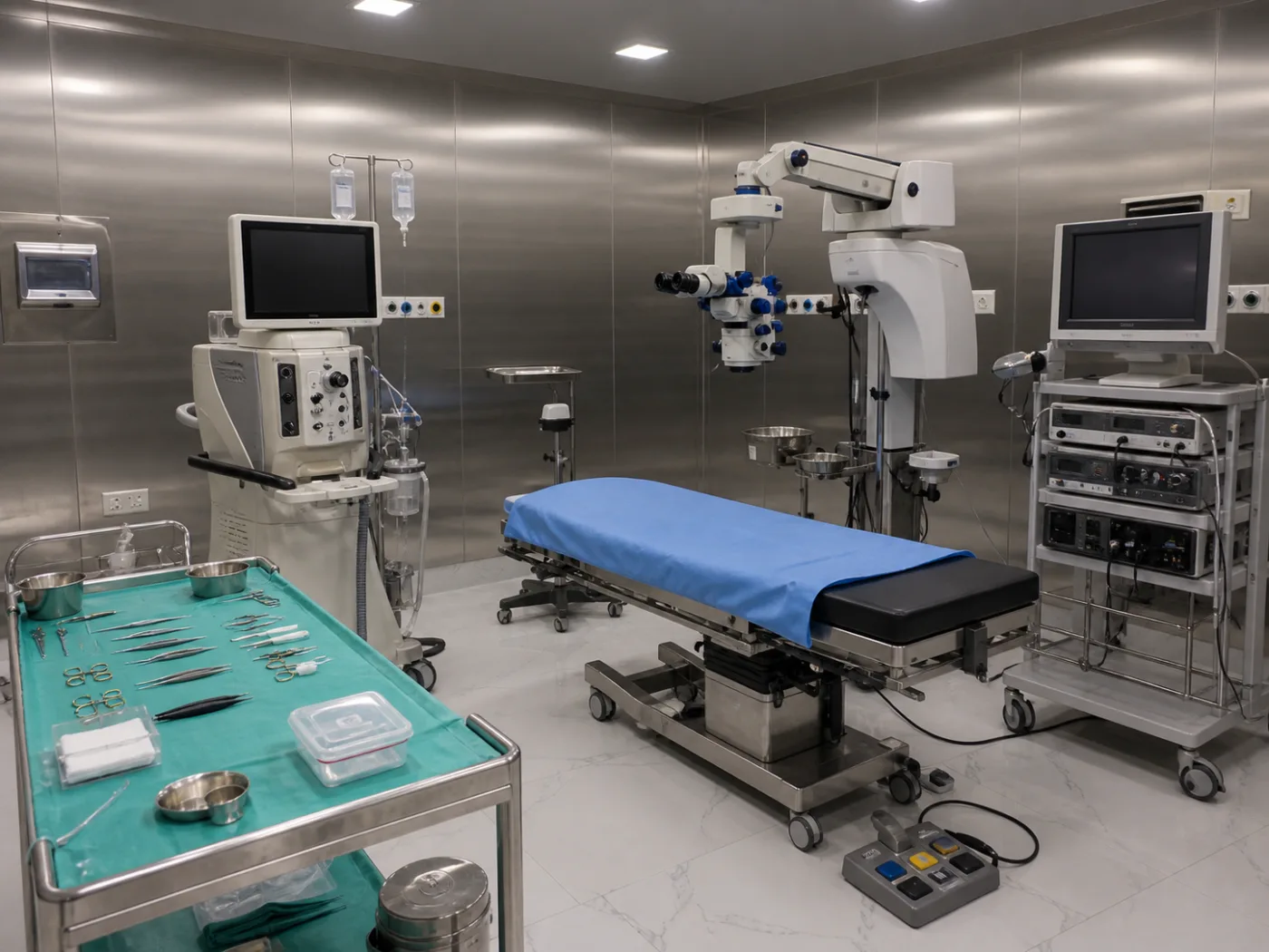 Ophthalmic operating theatre prepared for retinal surgery and corneal transplantation