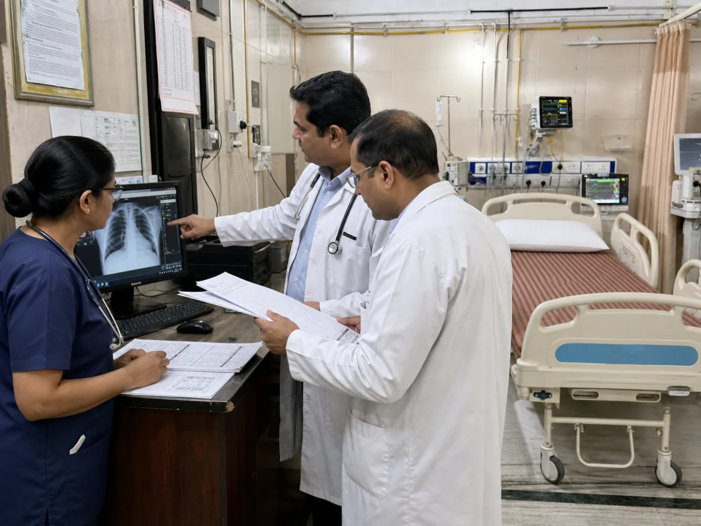 Critical-care clinicians reviewing a treatment plan beside an MICU bay