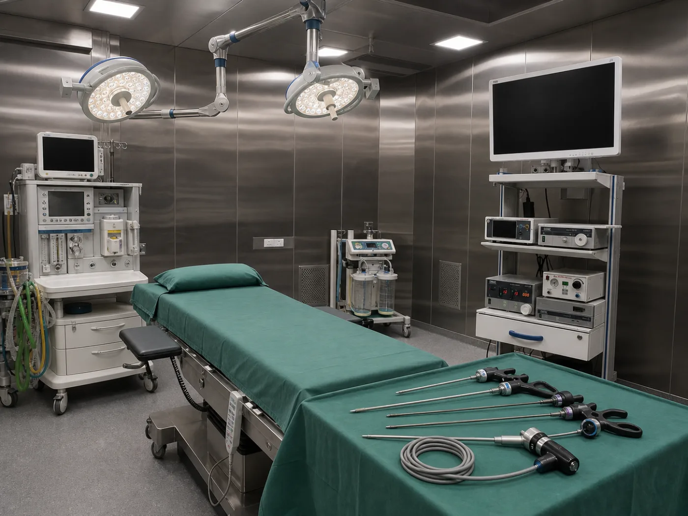 Operating theatre prepared for video-assisted thoracoscopic surgery